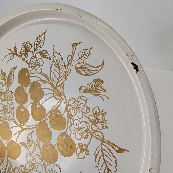 Vintage Round Tray Metal 11" White with Gold Cherries Painted - Fun Retro Decor - Picture 2 of 9